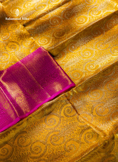 Gold Colour Pure Kanjivaram Tissue Silk Saree With Contrast Pink Border