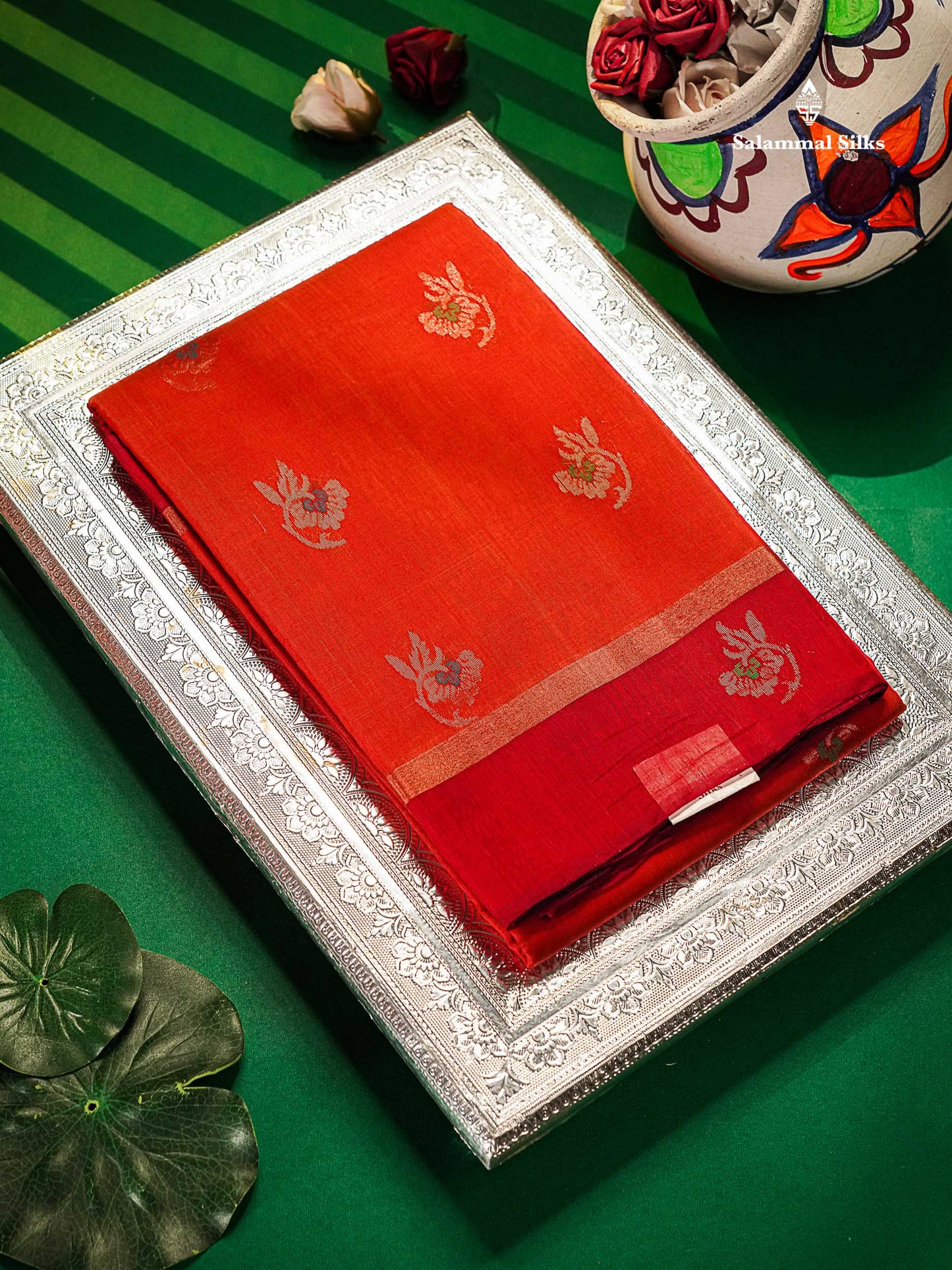 SICO Cotton Saree - Orange Colour Body Menakari Work With Dark Brown Blouse