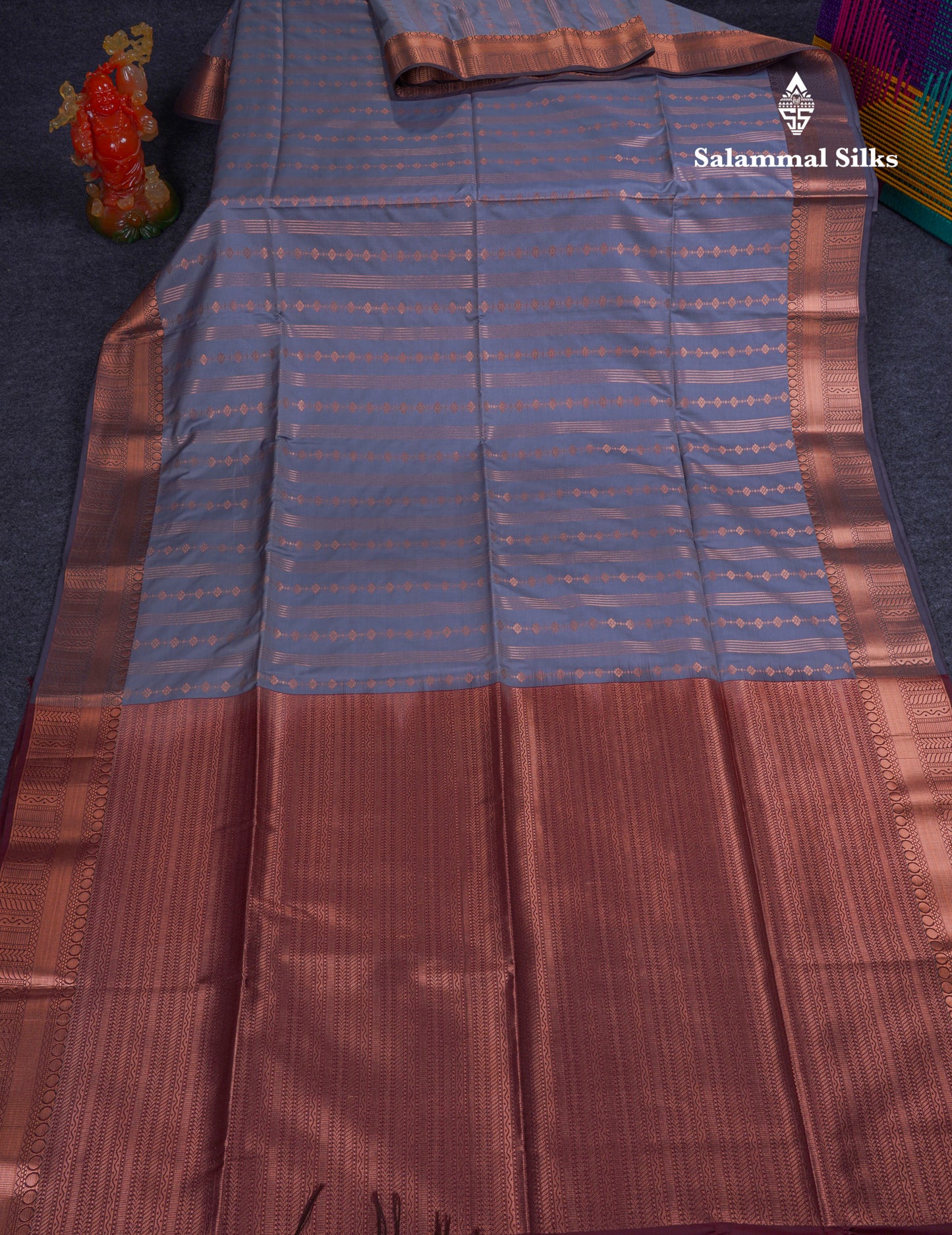 Beautiful Light Grey Semi Soft Silk Saree With Contrast Dark Brown Blouse