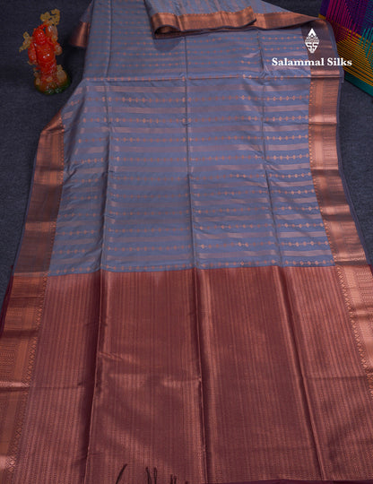 Beautiful Light Grey Semi Soft Silk Saree With Contrast Dark Brown Blouse
