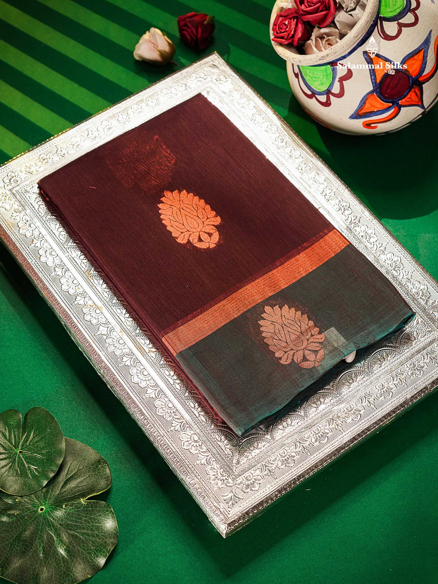 SICO Cotton Saree - Dark Maroon Colour Body With Copper Zari Butta & Peacock Blue Blouse