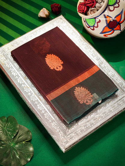 SICO Cotton Saree - Dark Maroon Colour Body With Copper Zari Butta & Peacock Blue Blouse