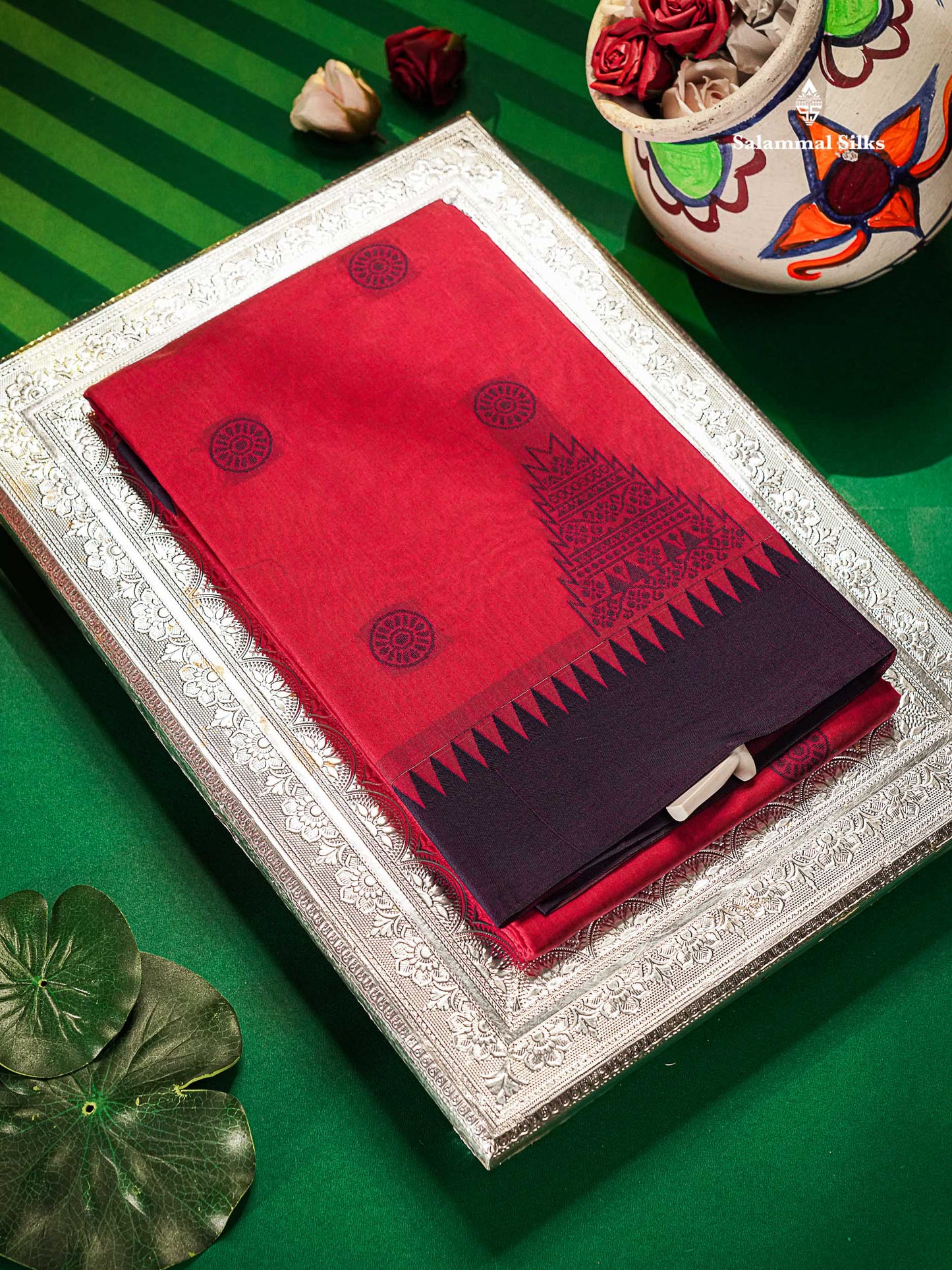 Kota Cotton Saree - Redish Pink Colour Body Thread Butta With Navy Blue Traditional Border