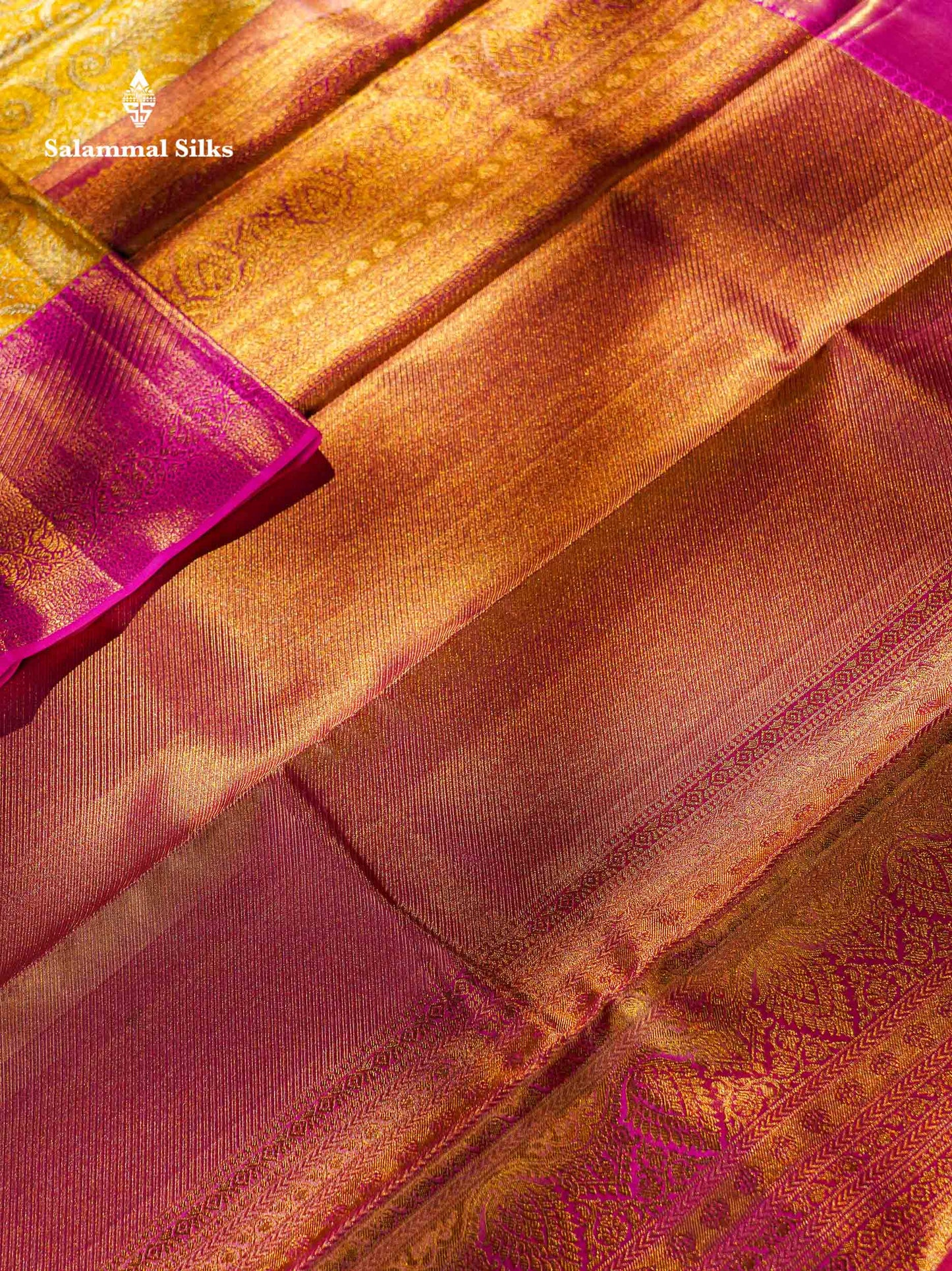 Gold Colour Pure Kanjivaram Tissue Silk Saree With Contrast Pink Border