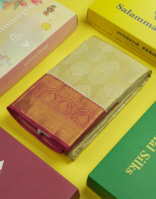 Sandal Tissue Bridal Pure Kanjivaram Silk Saree With Contrast Magenta Border