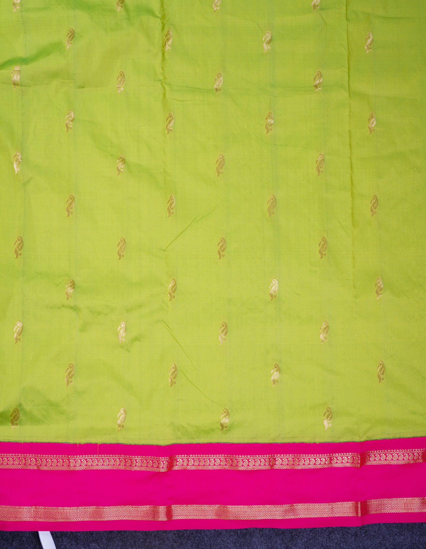 9.5 Yards Semi Silk Saree Parrot Green with Contrast Pink Traditional Rettapet Border