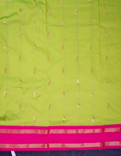 9.5 Yards Semi Silk Saree Parrot Green with Contrast Pink Traditional Rettapet Border