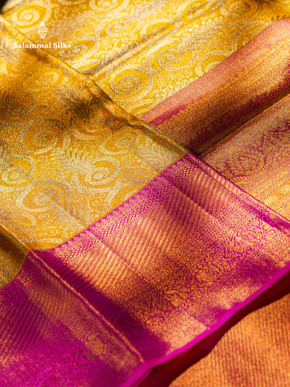 Gold Colour Pure Kanjivaram Tissue Silk Saree With Contrast Pink Border