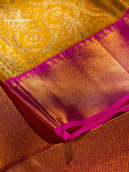 Gold Colour Pure Kanjivaram Tissue Silk Saree With Contrast Pink Border