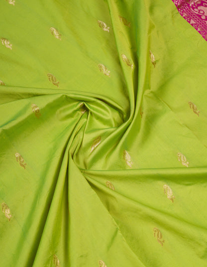 9.5 Yards Semi Silk Saree Parrot Green with Contrast Pink Traditional Rettapet Border
