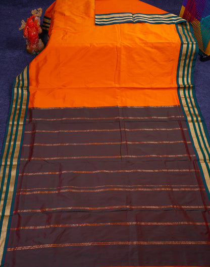 9.5 Yards Semi Silk Saree Mango Yellow with Contrast Bottle Green Traditional Border