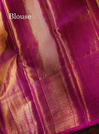 Gold Colour Pure Kanjivaram Tissue Silk Saree With Contrast Pink Border