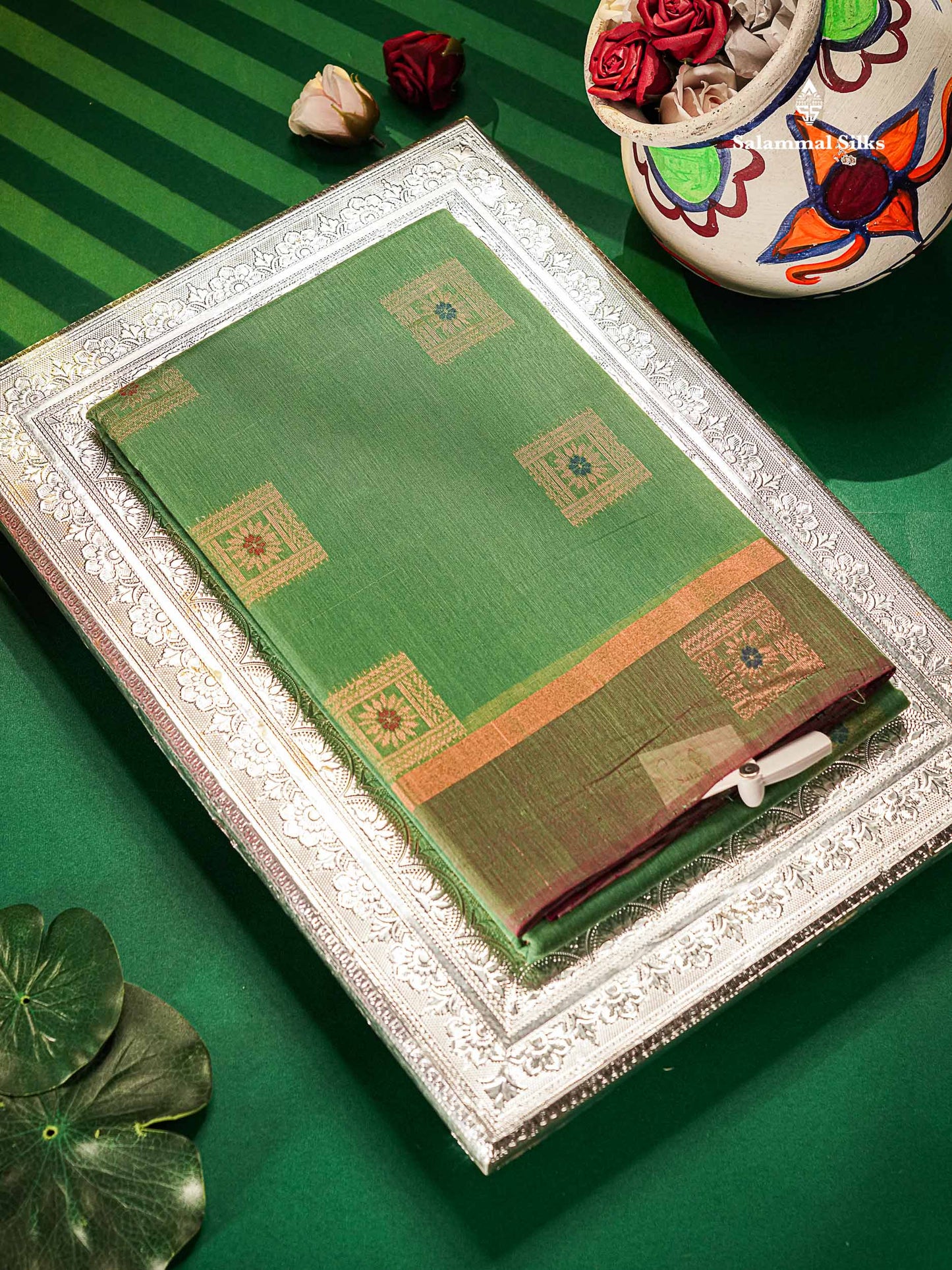 SICO Cotton Saree - Light Green Colour Body Menakari Work With Dark Magenta Blouse