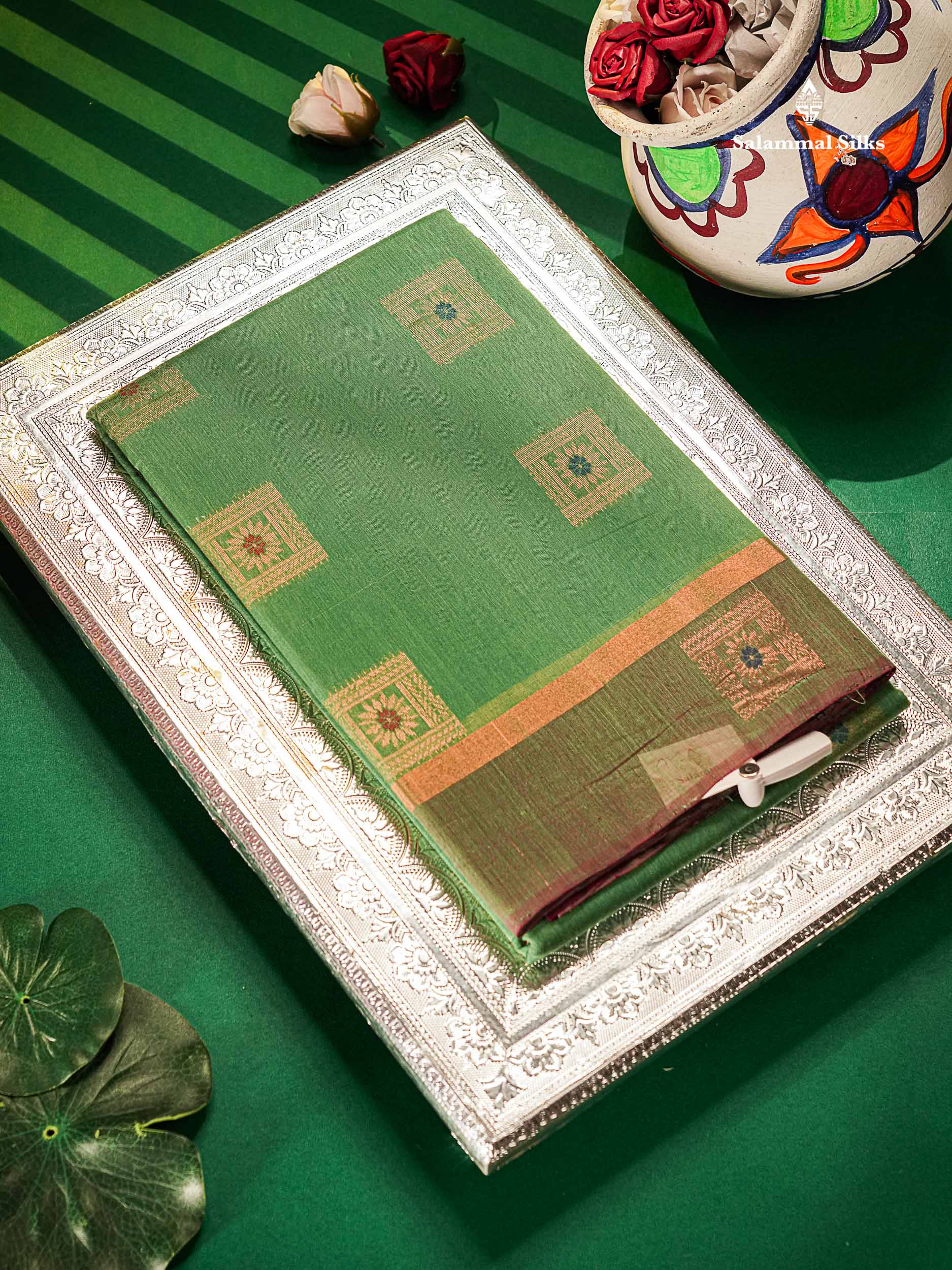 SICO Cotton Saree - Light Green Colour Body Menakari Work With Dark Magenta Blouse