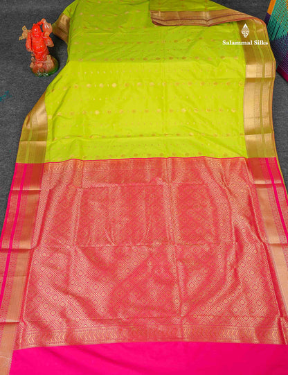 Semi Silk Saree - Lime Green Colour Body Zari Butta With Traditional Border | 9.5 Yards