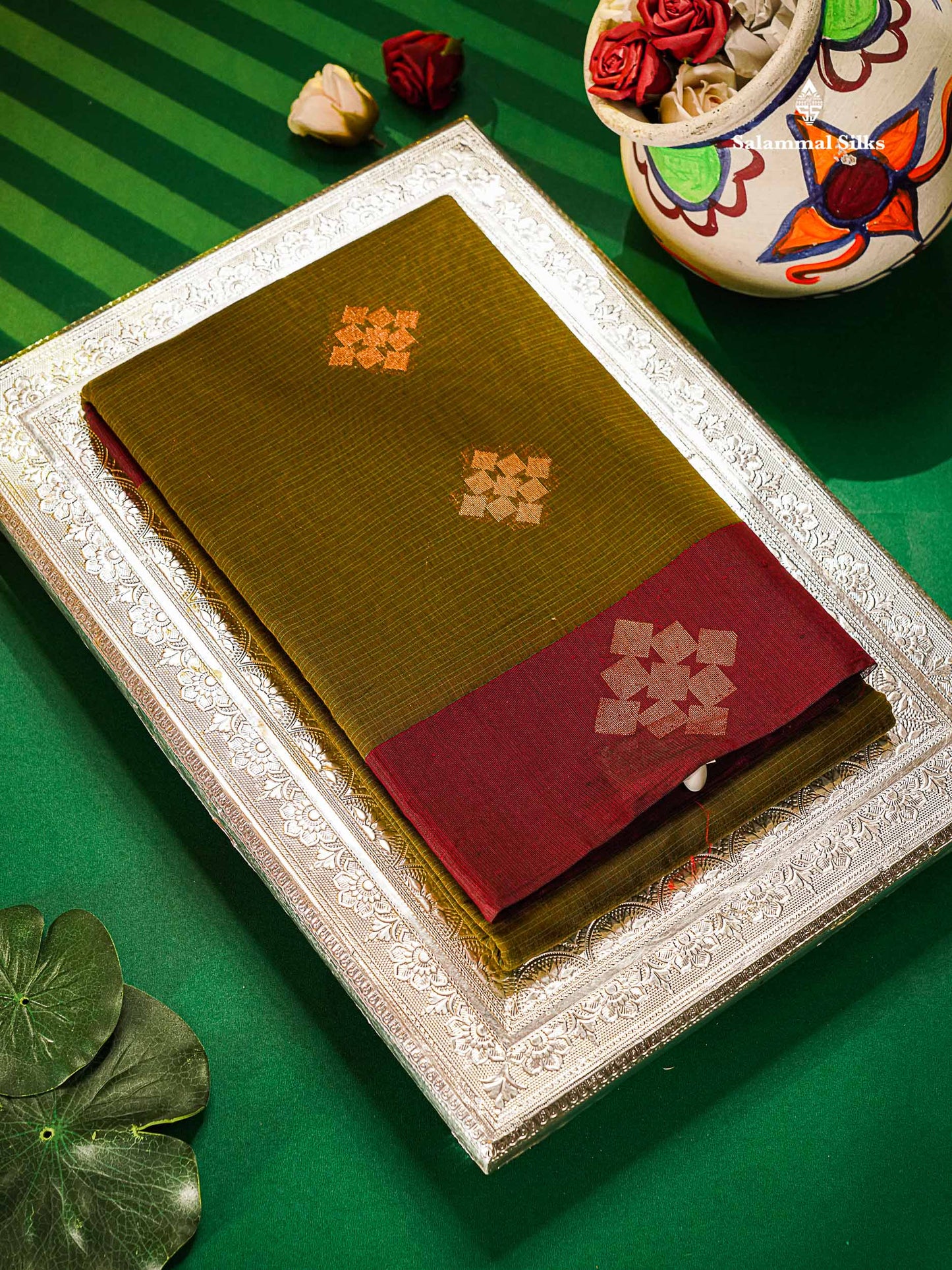 Beautiful Olive Green Copper Zari Butta Kota Cotton Saree With Contrast Maroon Border