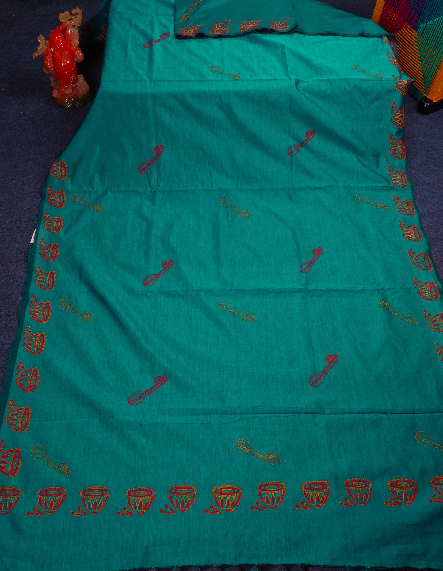 Beautiful Sapphire Green South Cotton Printed Saree With Contrast Mustard Yellow Blouse