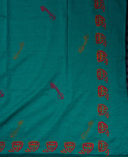 Beautiful Sapphire Green South Cotton Printed Saree With Contrast Mustard Yellow Blouse