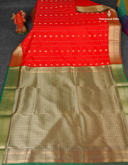 Semi Silk Saree - Chilly Red Colour Body Zari Butta With Tradiional Border | 9.5 Yards