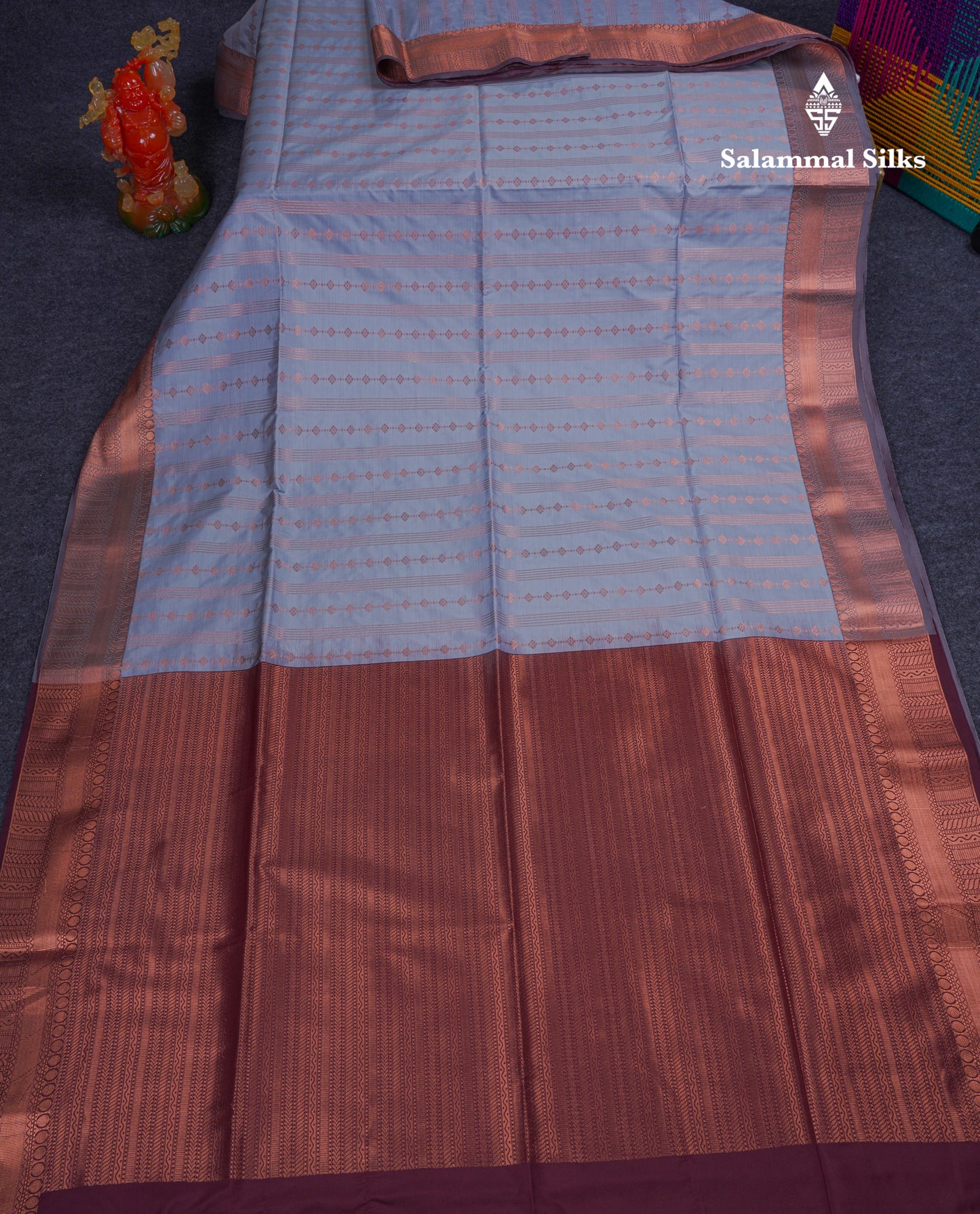 Beautiful Light Grey Semi Soft Silk Saree With Contrast Dark Brown Blouse