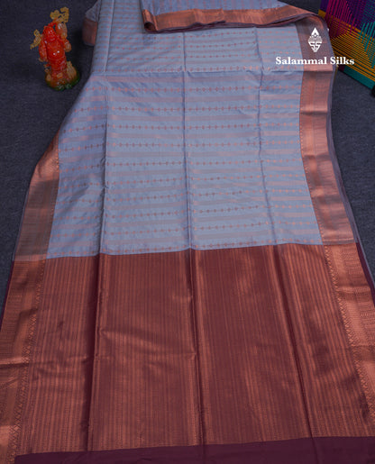 Beautiful Light Grey Semi Soft Silk Saree With Contrast Dark Brown Blouse