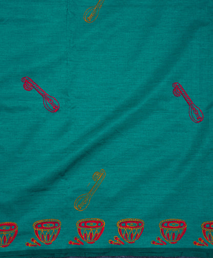 Beautiful Sapphire Green South Cotton Printed Saree With Contrast Mustard Yellow Blouse