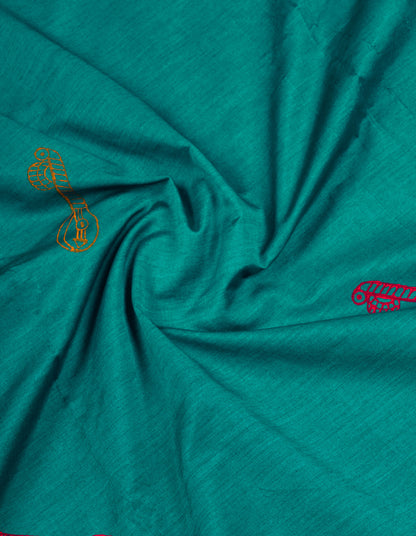 Beautiful Sapphire Green South Cotton Printed Saree With Contrast Mustard Yellow Blouse