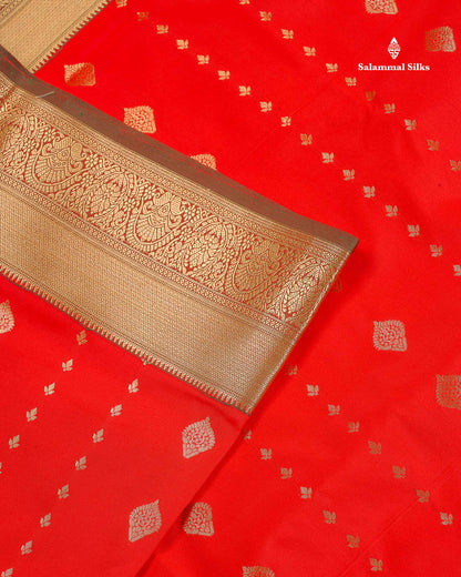 Semi Silk Saree - Chilly Red Colour Body Zari Butta With Tradiional Border | 9.5 Yards