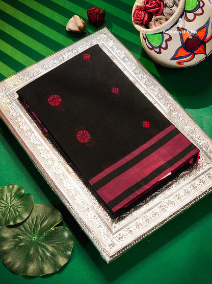 Black Beautiful SICO Cotton Saree With Magenta Border