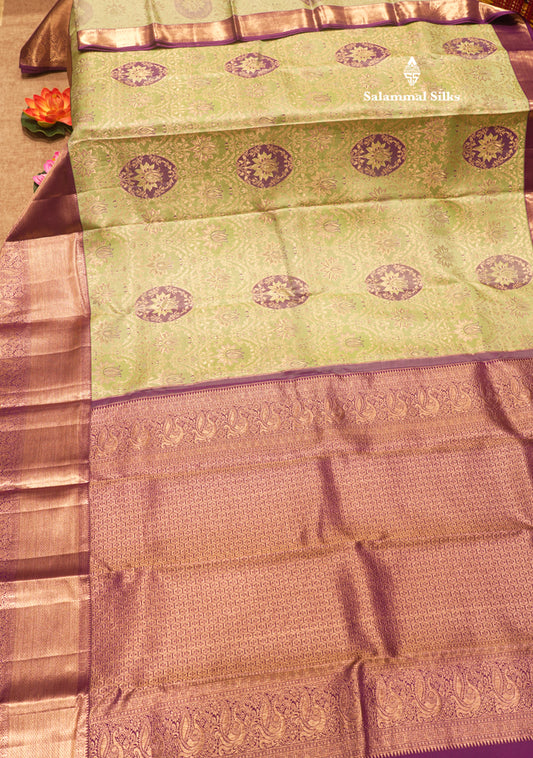 Pista Green Colour Pure Kanjivaram Silk Saree with Violet Border
