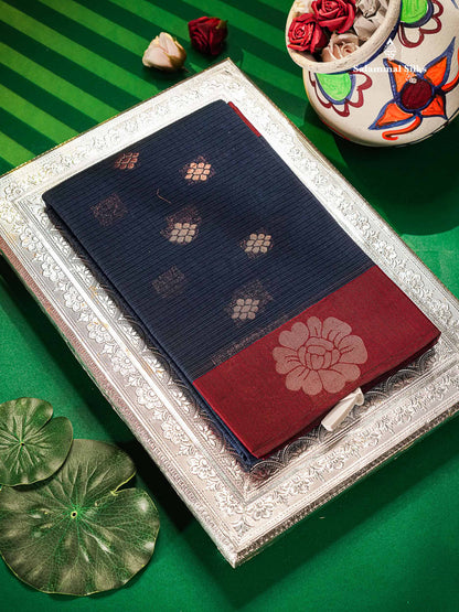 Beautiful Brown Copper Zari Butta Kota Cotton Saree With Contrast Dark Brown Border