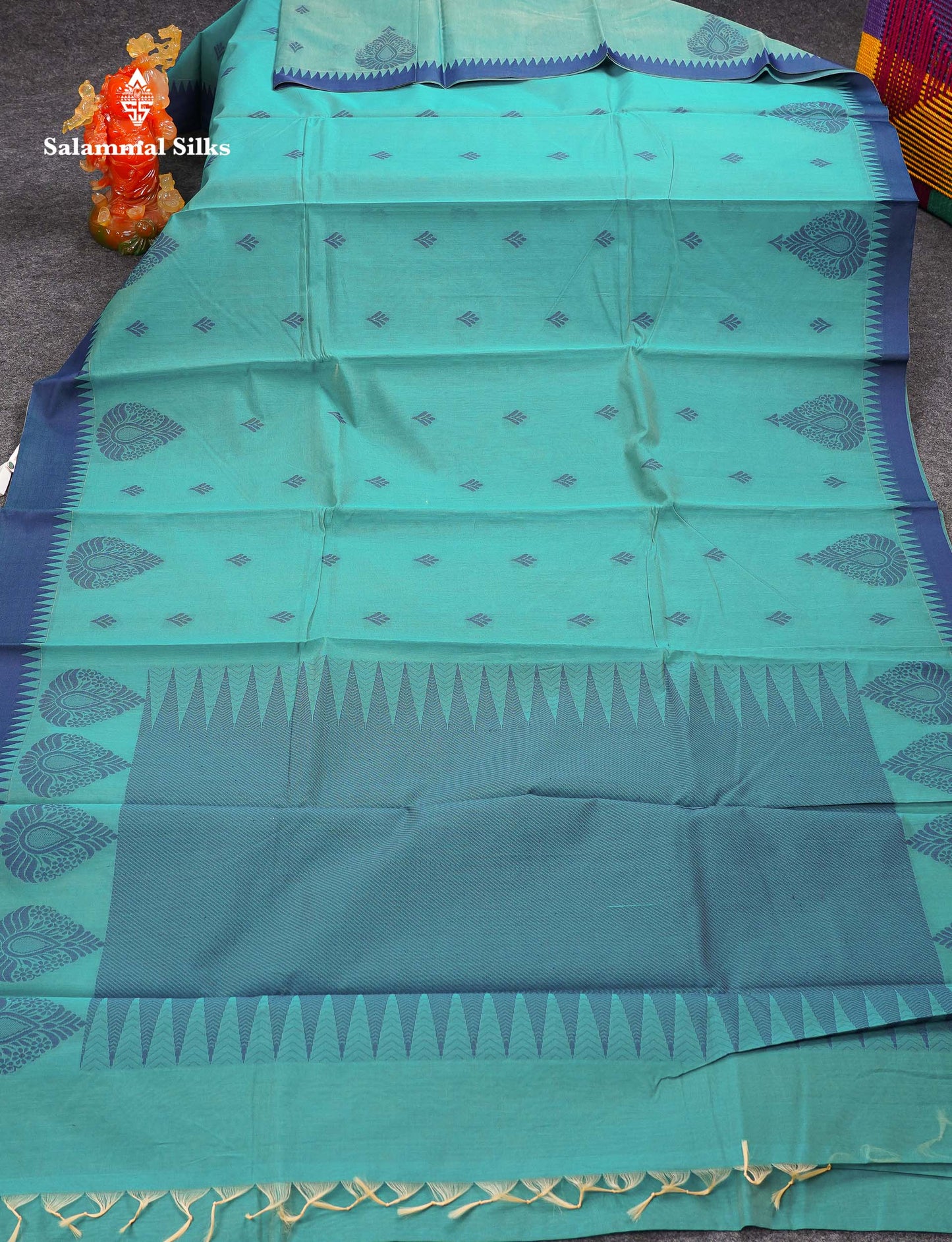 Beautiful Rexona Green Thread Work Kota Cotton Saree With Contrast Blueish Grey Traditional Border