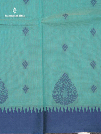 Beautiful Rexona Green Thread Work Kota Cotton Saree With Contrast Blueish Grey Traditional Border
