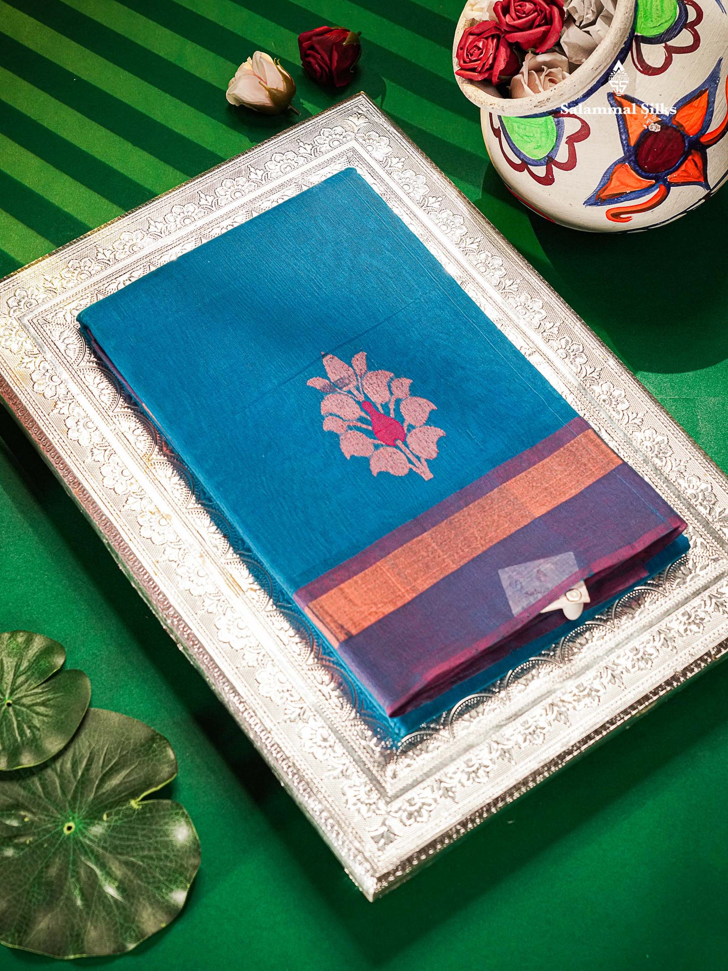 Beautiful Ananda Blue Zari Butta Menakari Work SICO Cotton Saree With Contrast Pink Blouse