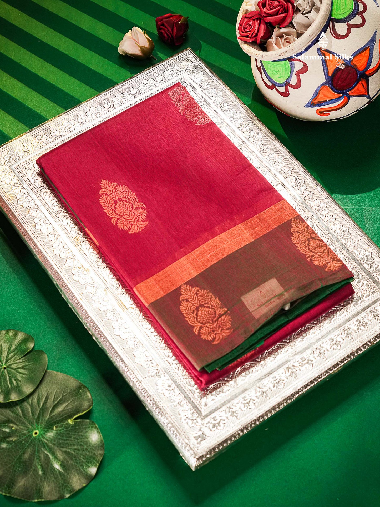 SICO Cotton Saree - Pink Colour Body Copper Zari Butta With Bottle Green Blouse