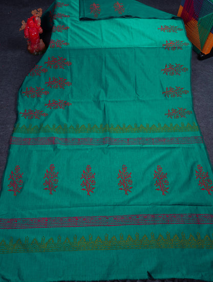 Beautiful Sapphire Green South Cotton Printed Saree With Contrast Cream Blouse