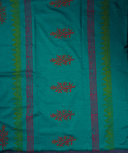 Beautiful Sapphire Green South Cotton Printed Saree With Contrast Cream Blouse