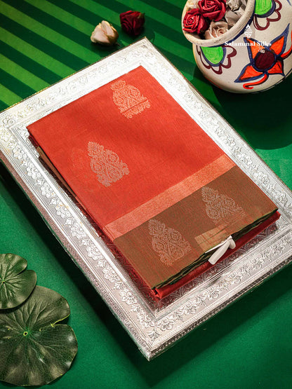 Beautiful Orange SICO Cotton Saree With Contrast Bottle Green Blouse