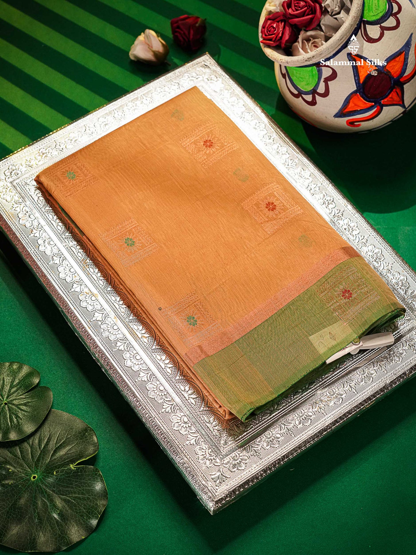 Beautiful Sandal Meenakari Work SICO Cotton Saree With Contrast Bottle Green Blouse