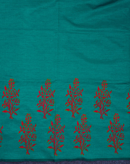 Beautiful Sapphire Green South Cotton Printed Saree With Contrast Cream Blouse