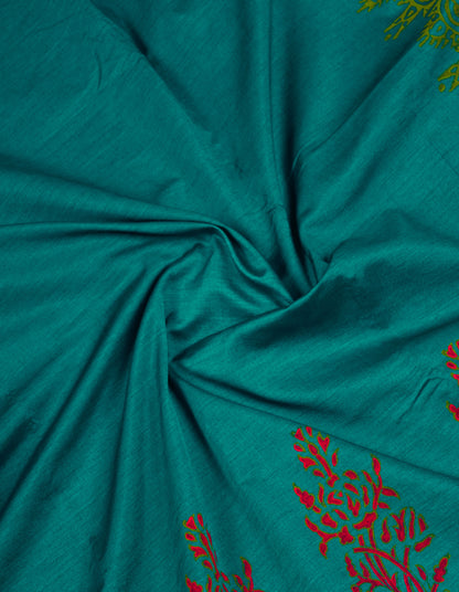 Beautiful Sapphire Green South Cotton Printed Saree With Contrast Cream Blouse