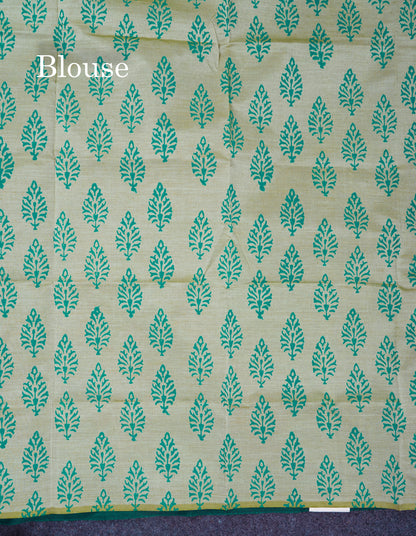 Beautiful Sapphire Green South Cotton Printed Saree With Contrast Cream Blouse