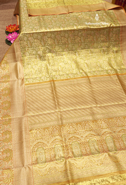 Green Colour Pure Kanjivaram Tissue Silk Saree with Contrast Peach Border