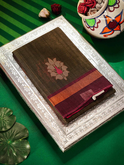 SICO Cotton Saree - Mehandi Green Colour Body With Copper Zari Butta & Magenta Border