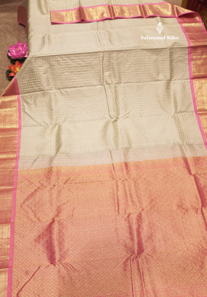 White Colour Pure Kanjivaram Silk Saree With Baby Pink Border