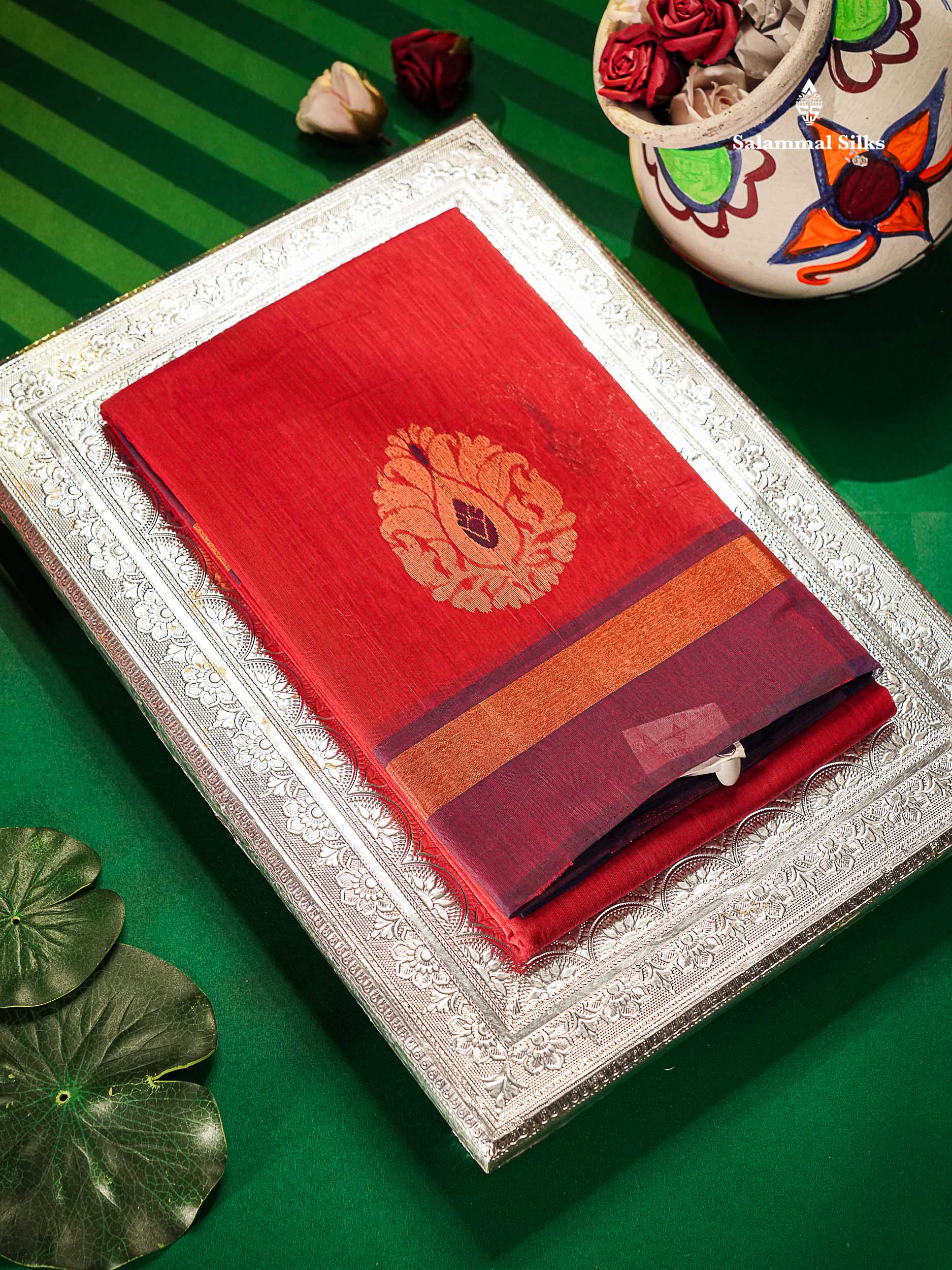 SICO Cotton Saree - Peach Colour Body With Copper Zari Butta & Dual Tone Blue Border 