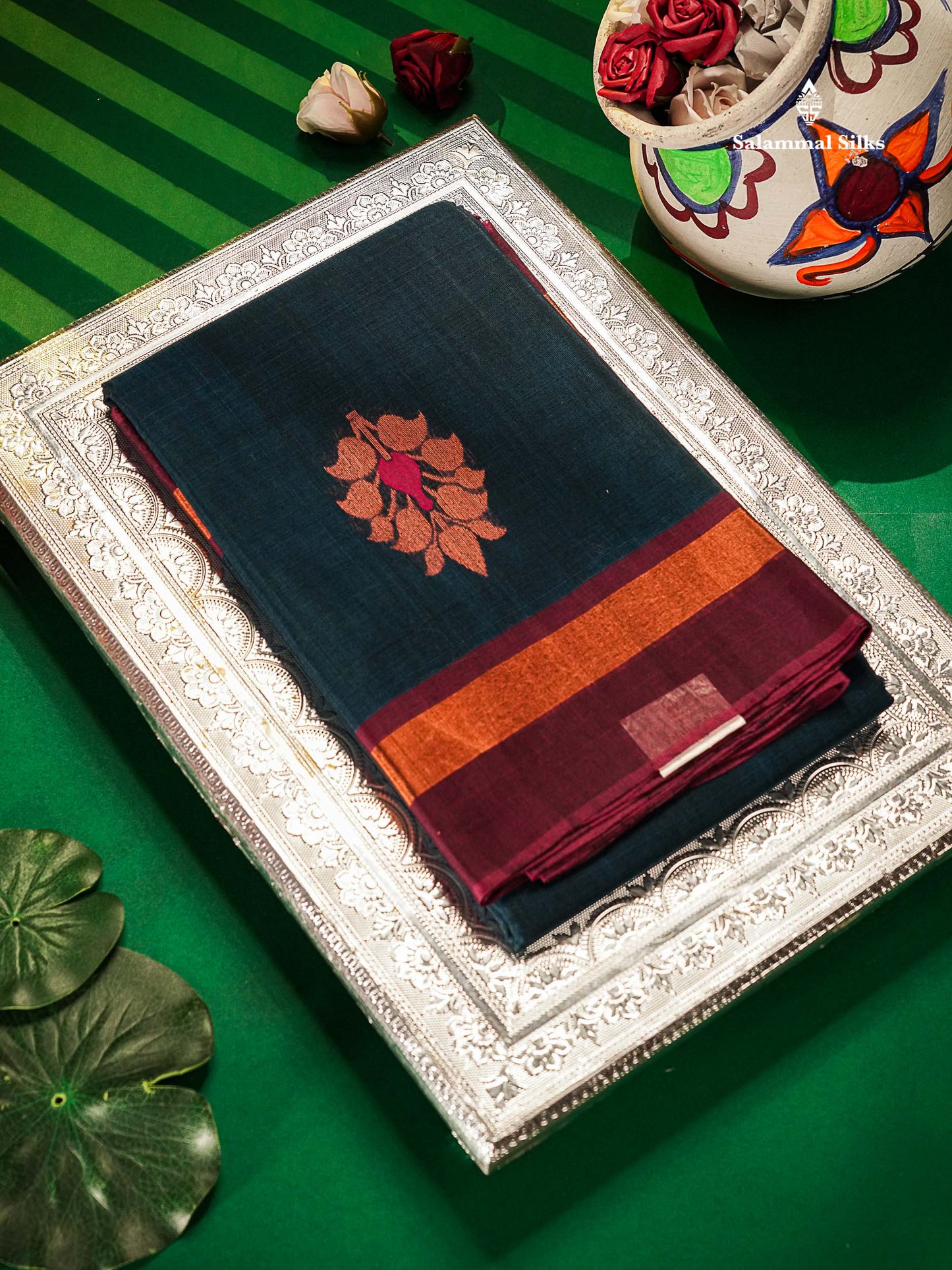 Peacock Blue Menakari Work SICO Cotton Saree With Contrast Pink Blouse