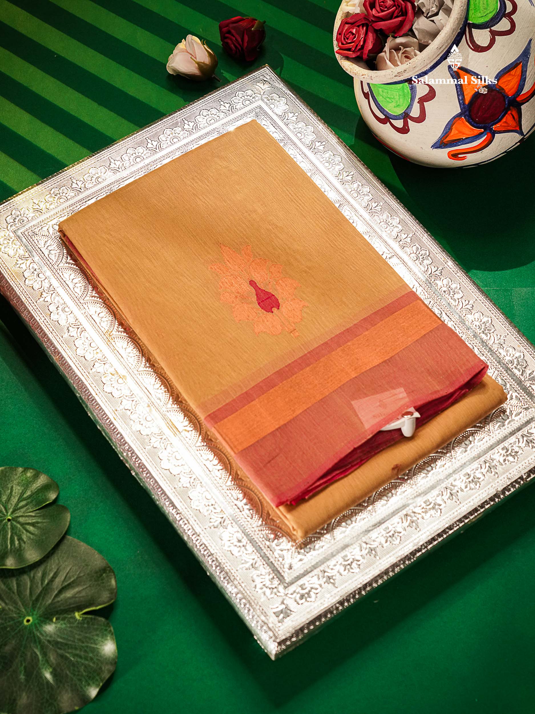 SICO Cotton Saree - Beige Colour Body With Copper Zari Butta & Dual Tone Pink Border