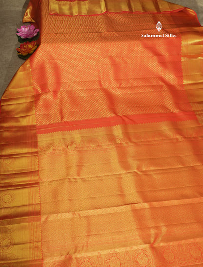Pinkish Orange Bridal Pure Kanjivaram Silk Saree With Self Border