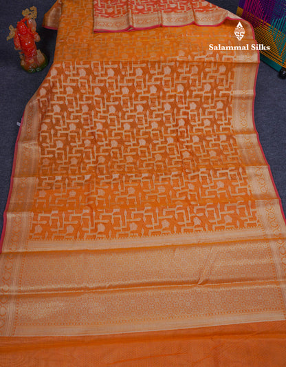 Beautiful Dual Tone Pinkish Orange Fancy Kota Mix Saree With Self Designer Blouse